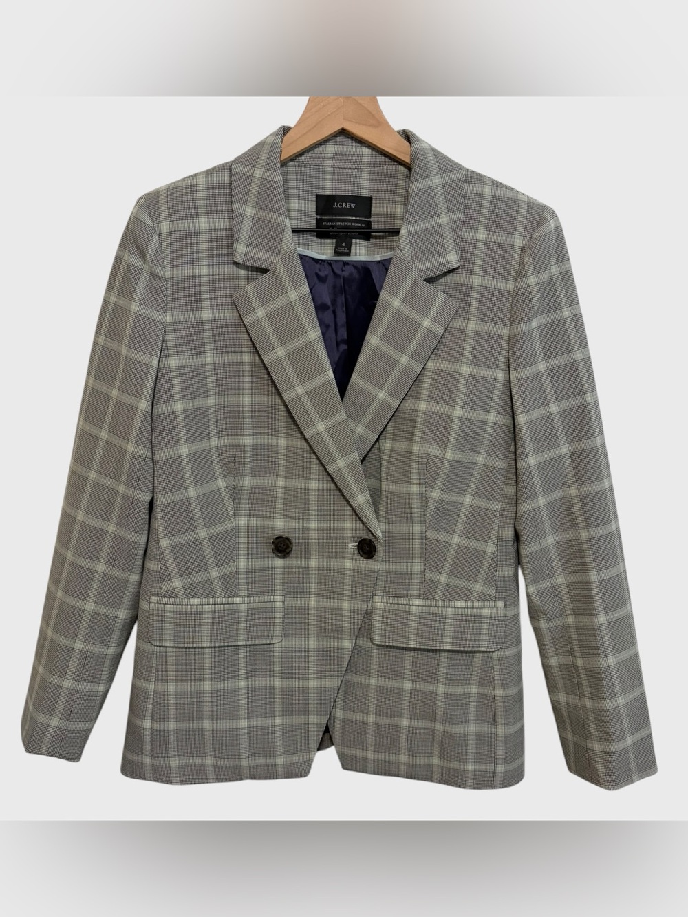 J Crew Grey Green Plaid Tollegno 1900 Italian Stretch Wool Blazer Size 4